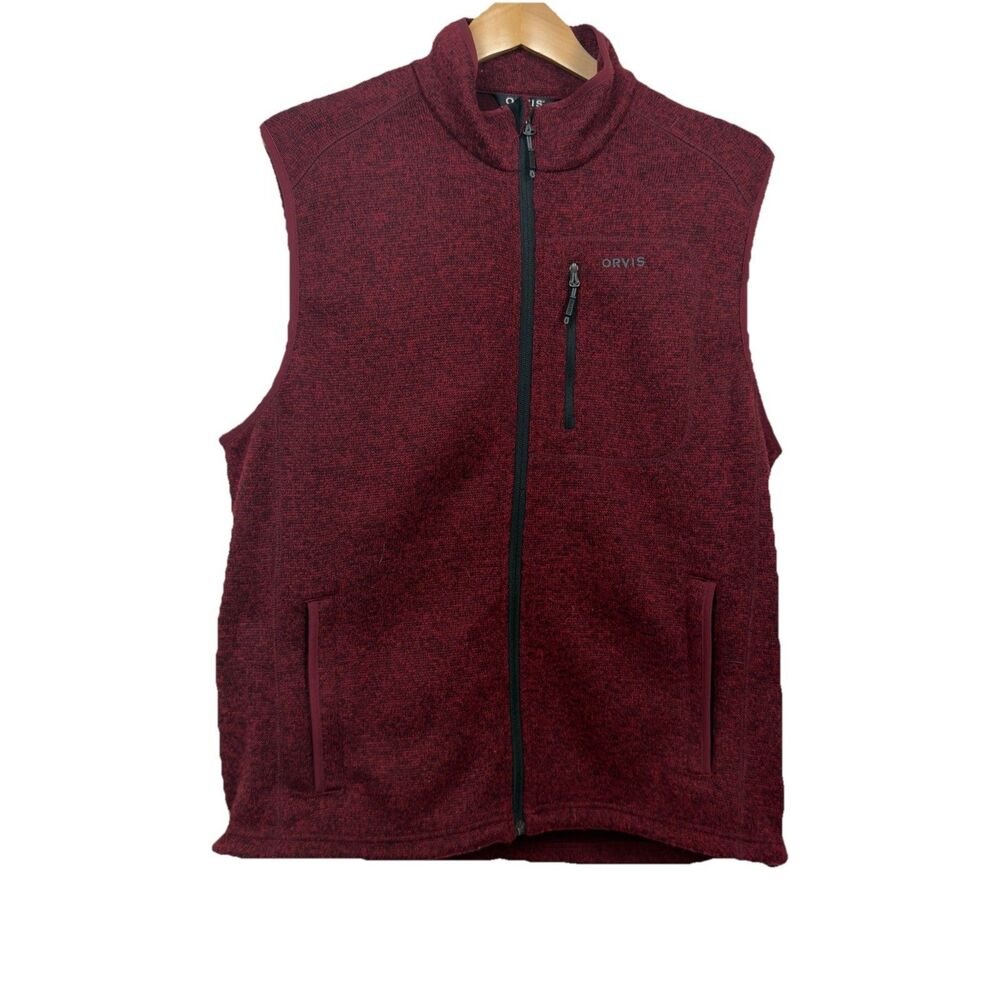 Orvis Fleece Vest Men’s L Full Zip Pockets Red, Black Outdoor Hiking Polyester